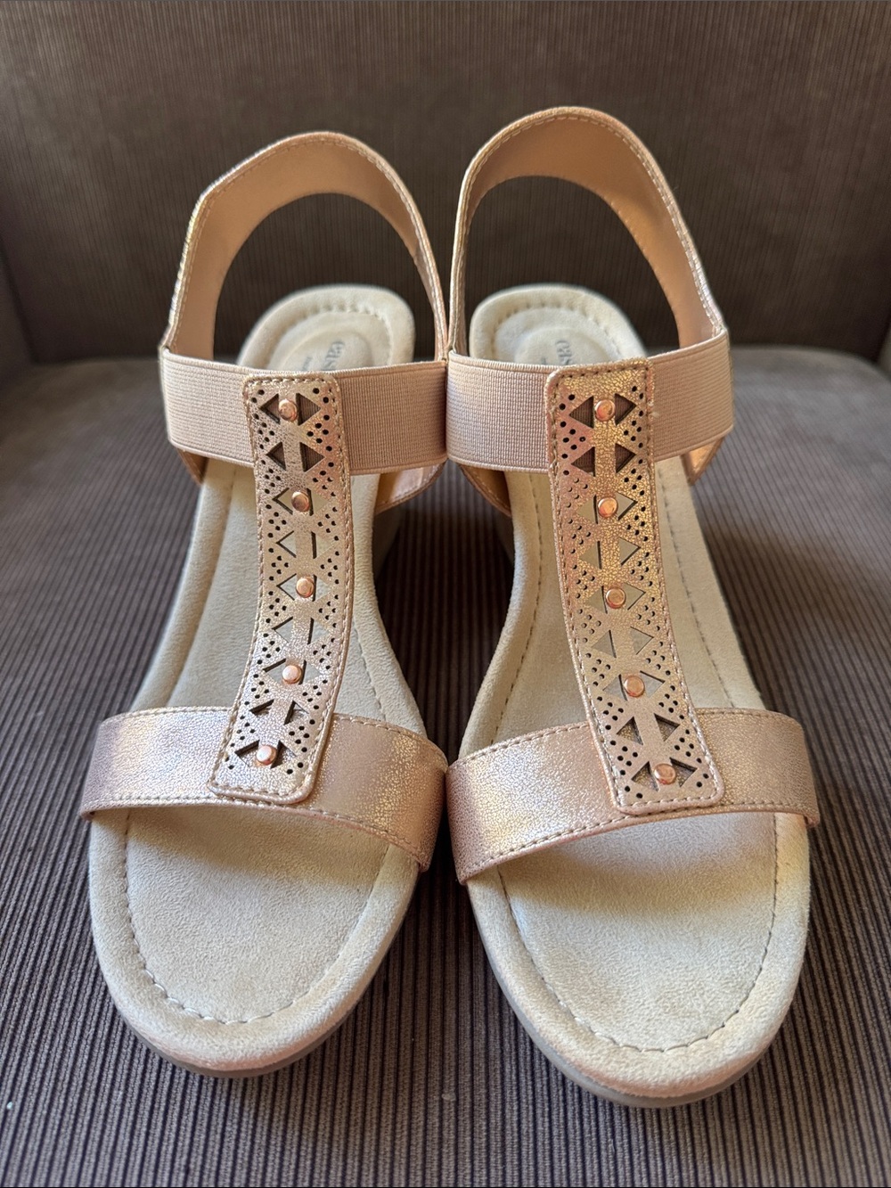 East 5th Rose Gold T-Strap Sandals with Stud Accents